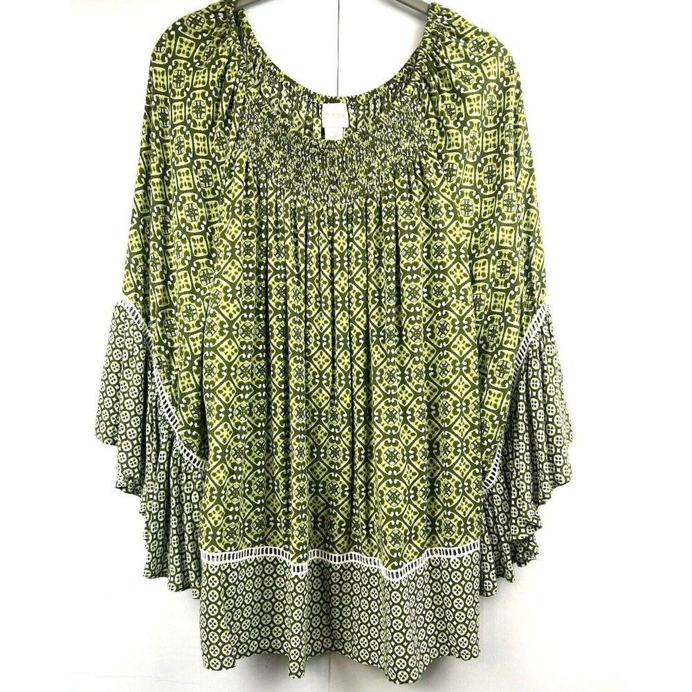 Chicos Top Blouse Large Green Peasant Hippie Ruffle Paisley Bohemian Mixed Print